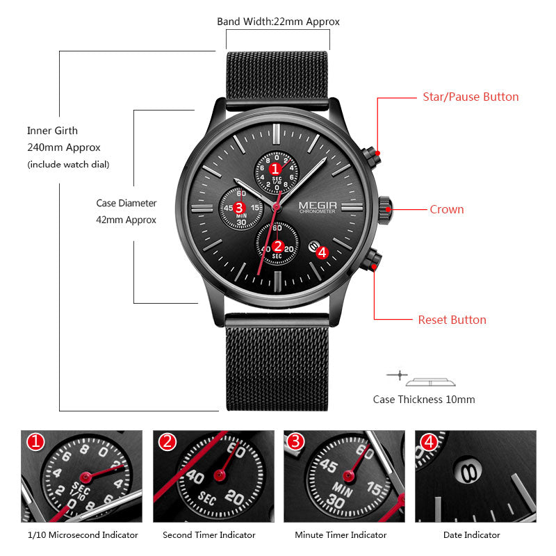 Men's Analog Quartz Watch with Calendar Chronograph, Stainless Steel Band, 3ATM