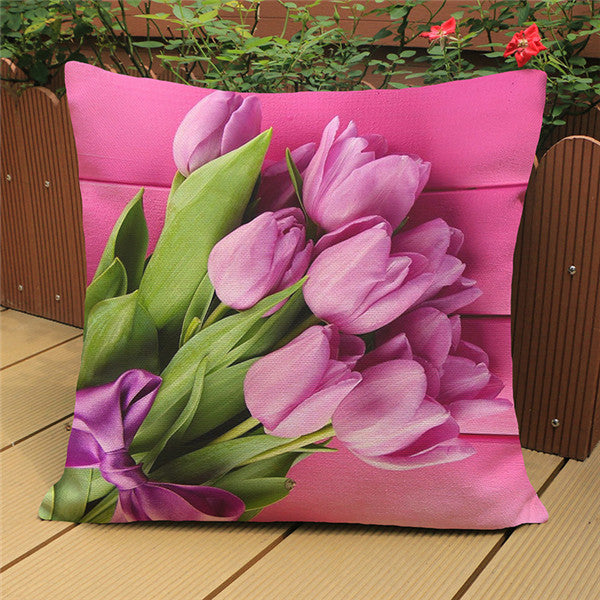 Country Style Tulip Print Linen Pillow Case Cover