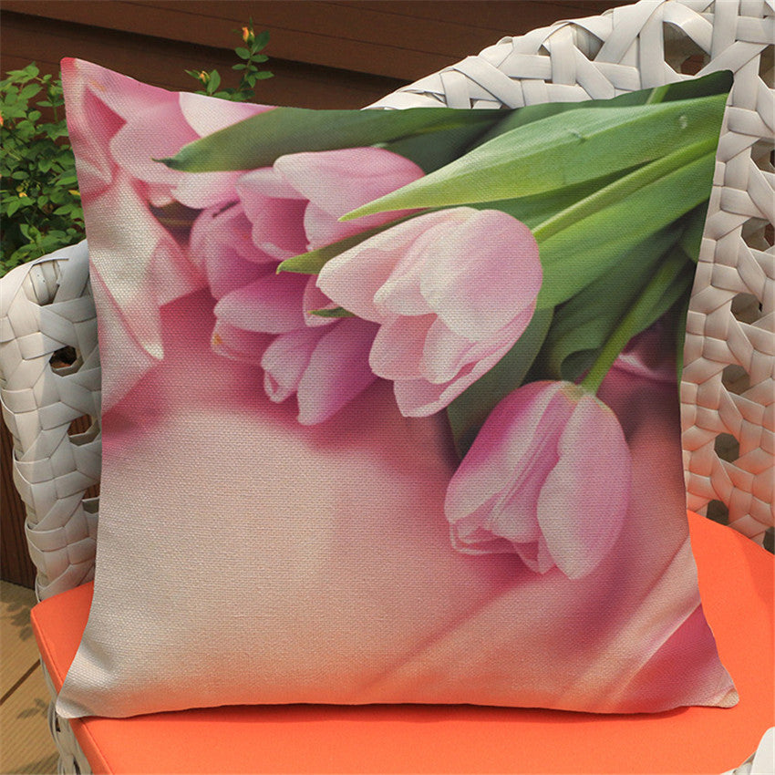 Country Style Tulip Print Linen Pillow Case Cover