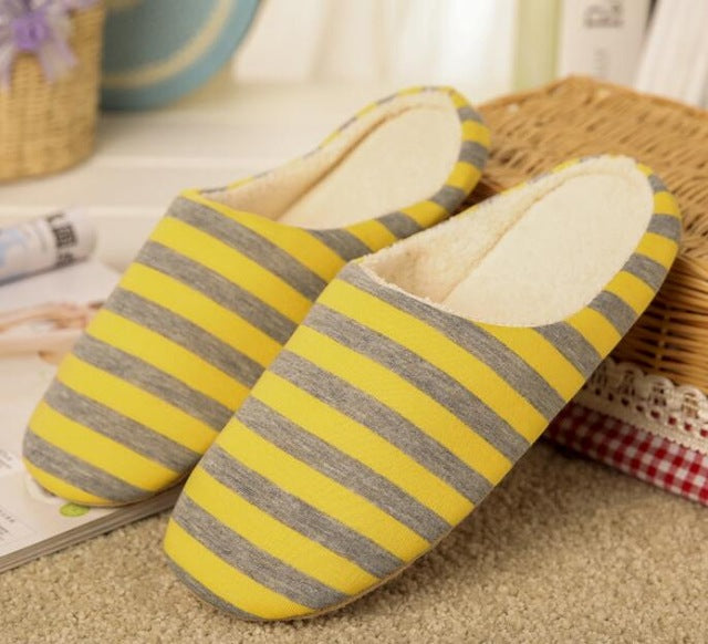 Short Plush Striped Cotton Soft Bottom Slippers