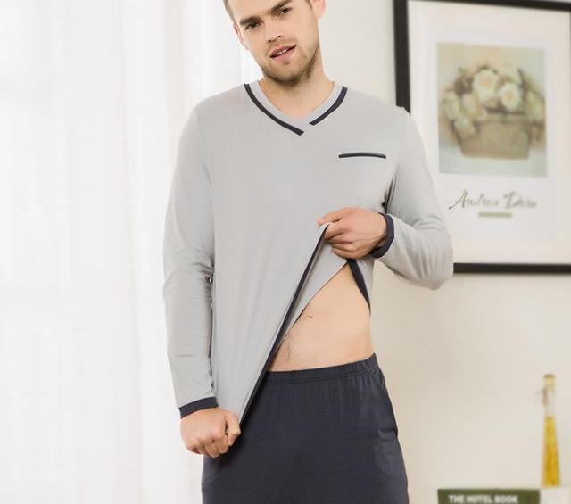 Men's Spring Autumn Long-Sleeve O-Neck Lounge Pajamas