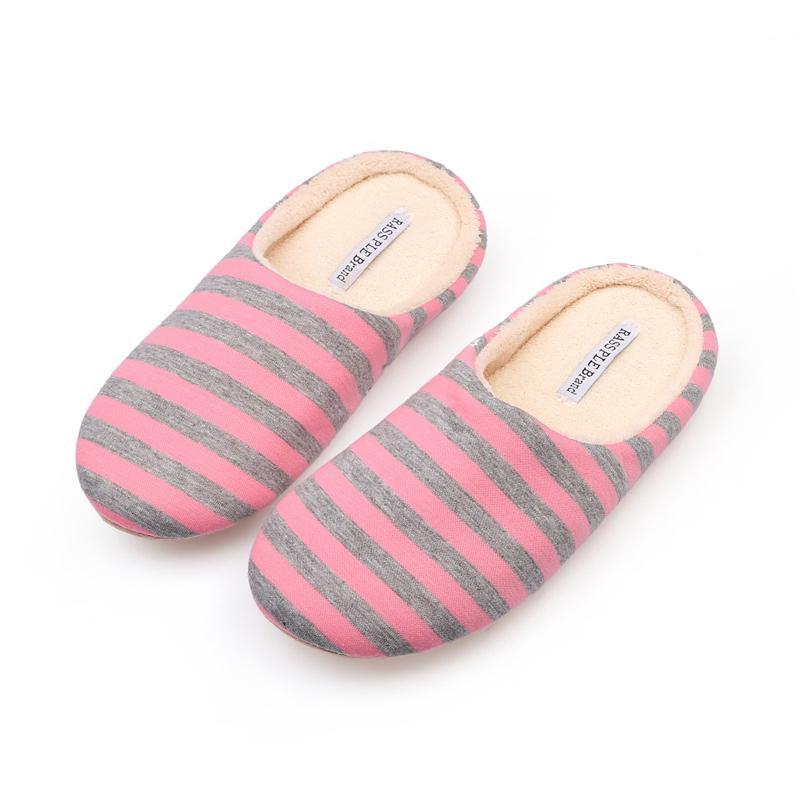 Short Plush Striped Cotton Soft Bottom Slippers