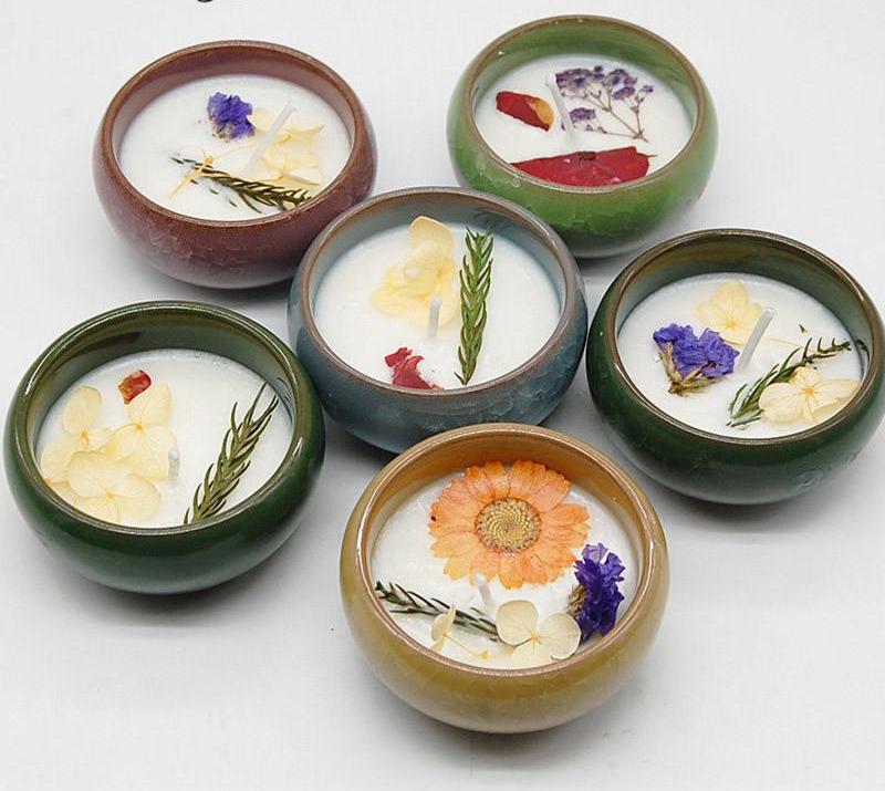 Ceramic Bowl with Dried Flowers Essential Oil Candle