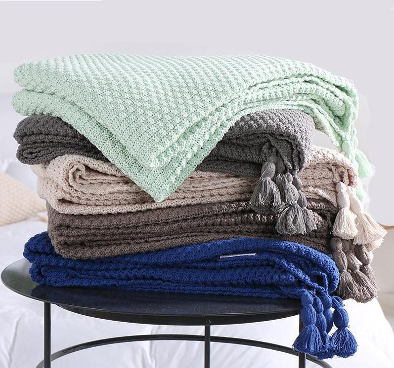 Knit Cotton Waffle Pattern Blanket and Sofa Throw, 130cm x 170cm