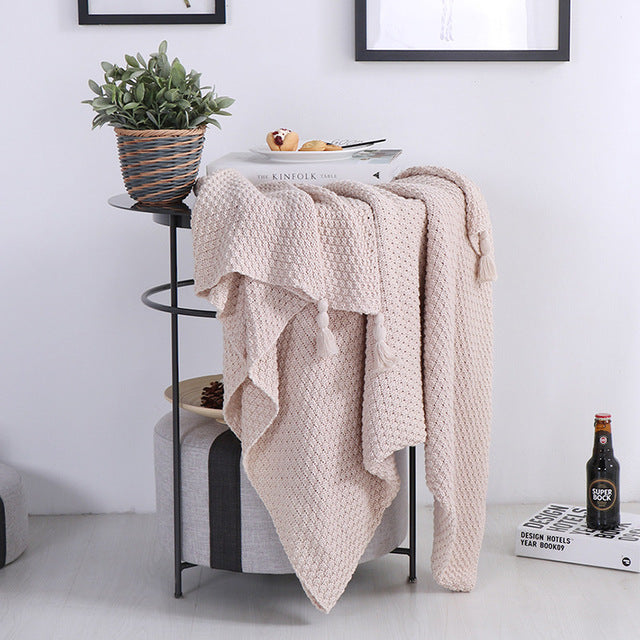 Knit Cotton Waffle Pattern Blanket and Sofa Throw, 130cm x 170cm