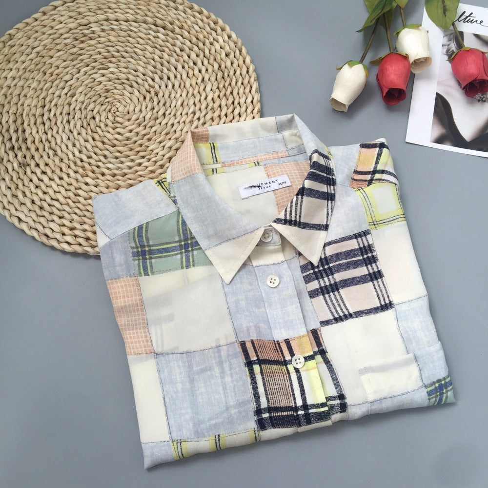 Silk Women Colorful Plaid Print Long Sleeve Shirt