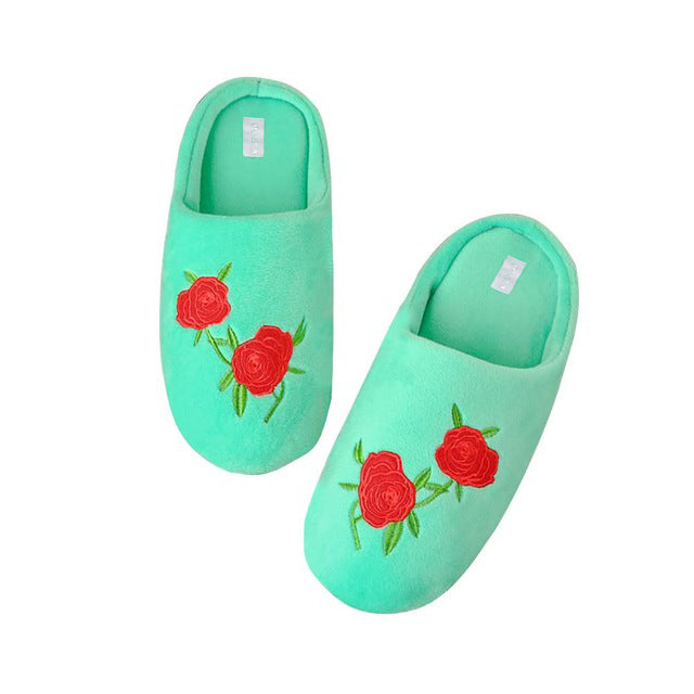 Soft Coral Velvet Embroidered Slippers