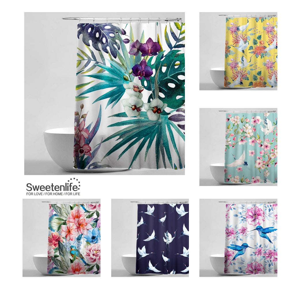 Exotic Birds & Flowers Bath Curtains, with 12 Hooks