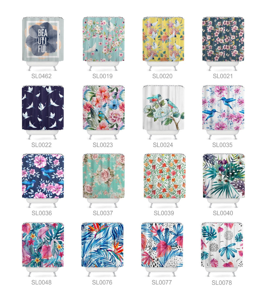 Exotic Birds & Flowers Bath Curtains, with 12 Hooks