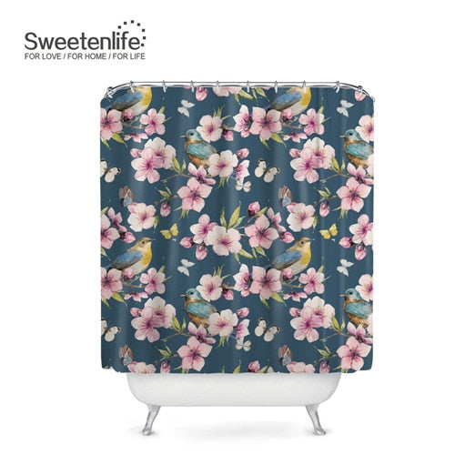 Exotic Birds & Flowers Bath Curtains, with 12 Hooks