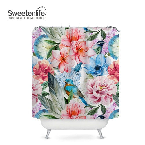 Exotic Birds & Flowers Bath Curtains, with 12 Hooks