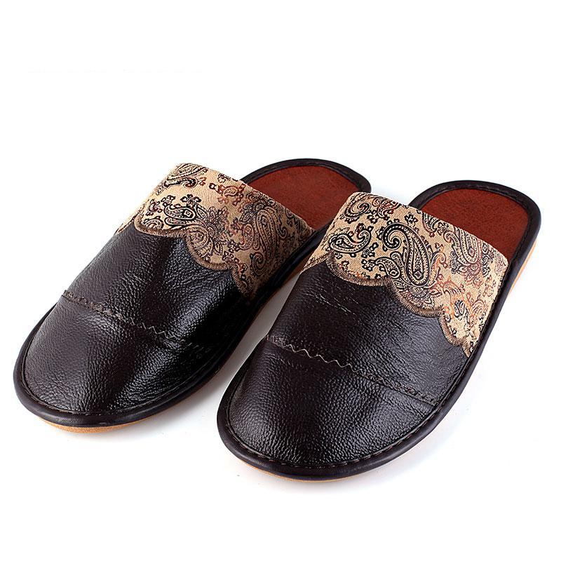 Genuine Leather Paisley Fabric Men's Slippers