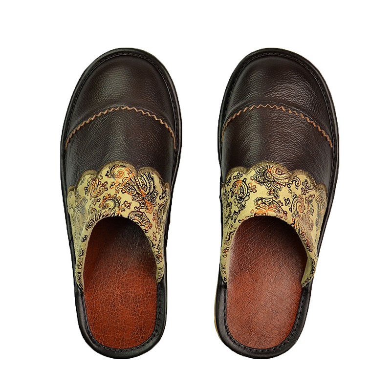Genuine Leather Paisley Fabric Men's Slippers