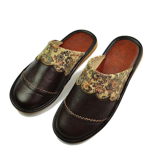 Genuine Leather Paisley Fabric Men's Slippers