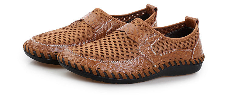Open Weave Leather Mesh Slip-On Summer Shoes, Big Sizes