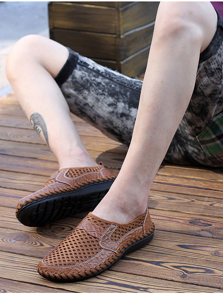 Open Weave Leather Mesh Slip-On Summer Shoes, Big Sizes