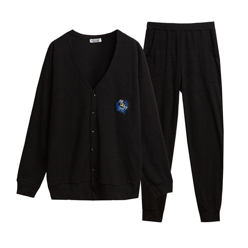 THREEGUN Men Sleepwear Sexy Deep V-neck Male Cardigan Sleep Tops with Buttons Pajama Pants Rib Fabric Nightgown Home Clothes