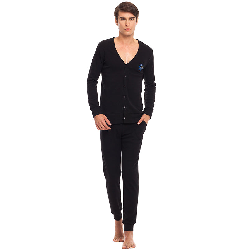 THREEGUN Men Sleepwear Sexy Deep V-neck Male Cardigan Sleep Tops with Buttons Pajama Pants Rib Fabric Nightgown Home Clothes