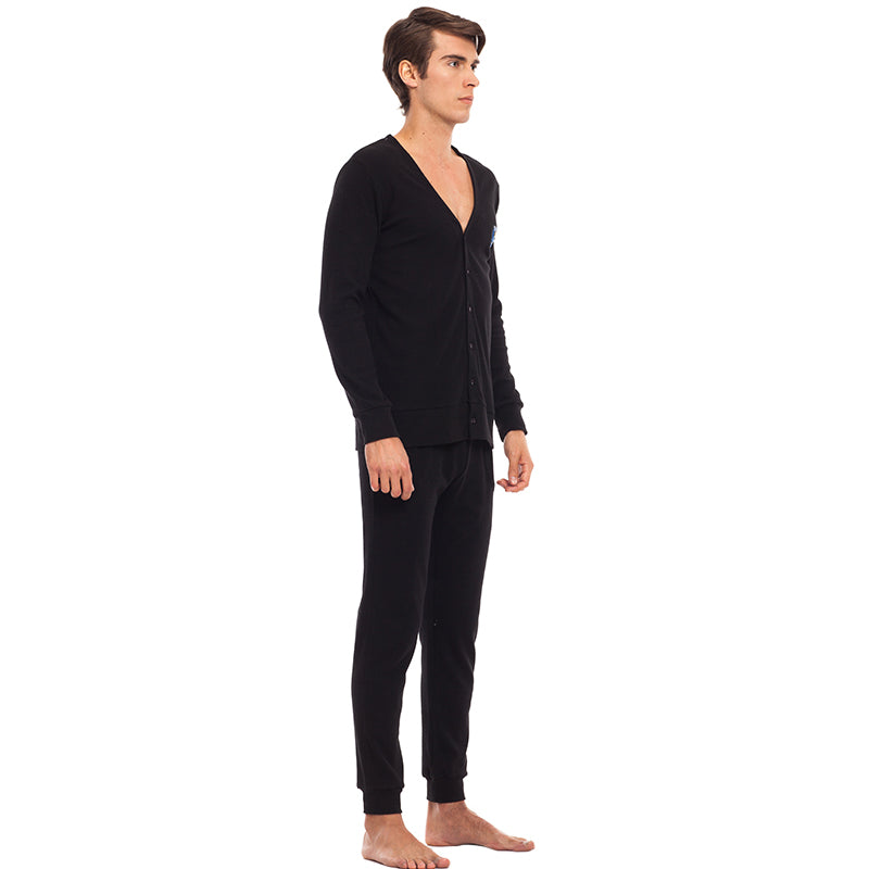 THREEGUN Men Sleepwear Sexy Deep V-neck Male Cardigan Sleep Tops with Buttons Pajama Pants Rib Fabric Nightgown Home Clothes