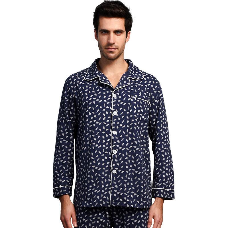 Men's Royal Blue Leaf Print Cotton Pajamas Set