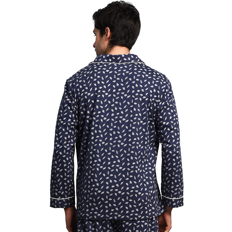Men's Royal Blue Leaf Print Cotton Pajamas Set
