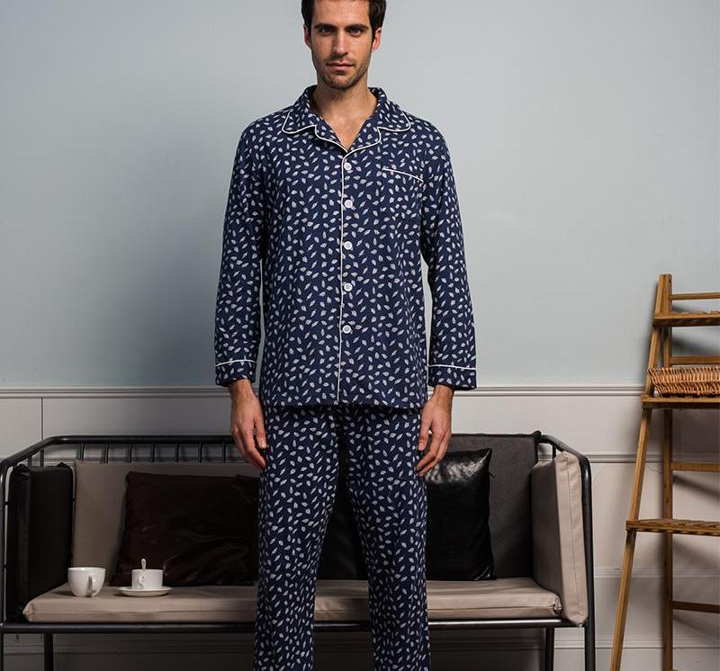 Men's Royal Blue Leaf Print Cotton Pajamas Set