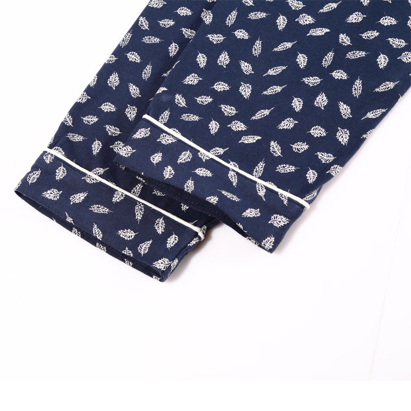 Men's Royal Blue Leaf Print Cotton Pajamas Set