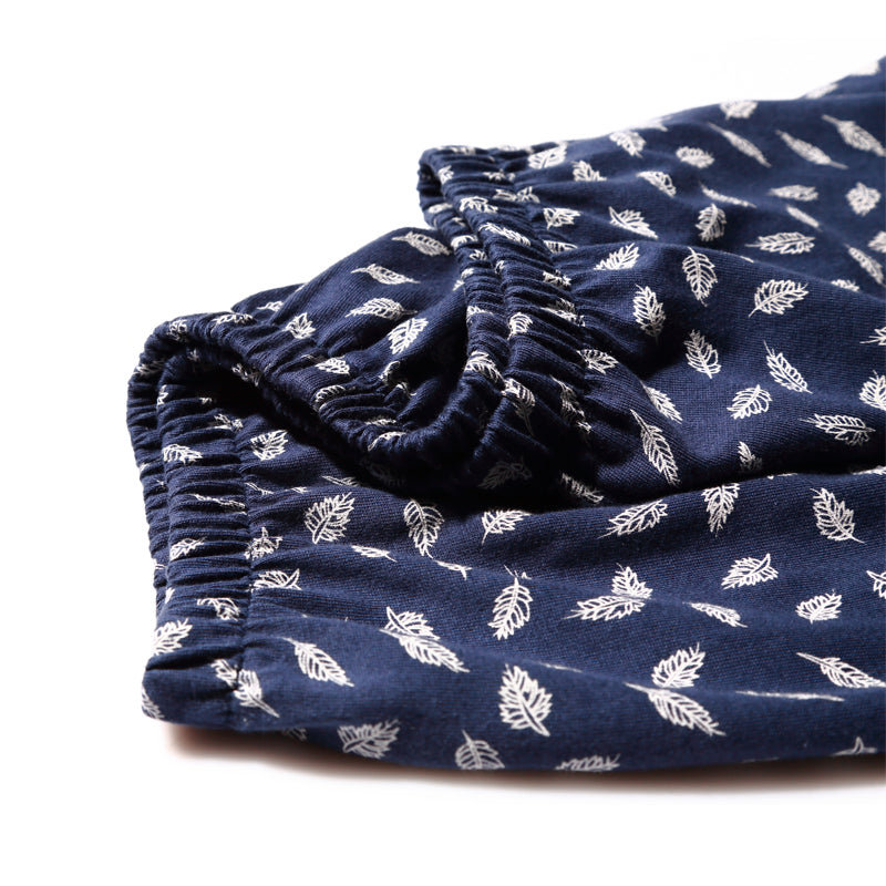 Men's Royal Blue Leaf Print Cotton Pajamas Set