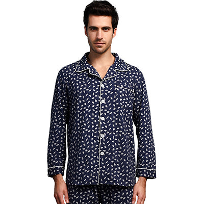 Men's Royal Blue Leaf Print Cotton Pajamas Set