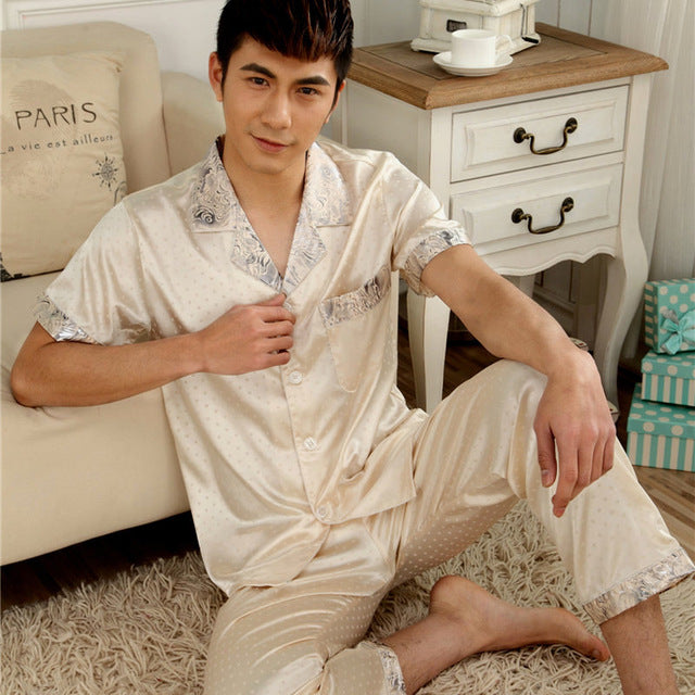 Summer Mens Silk Satin Pajamas Set