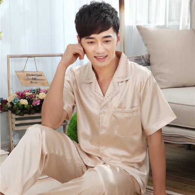 Summer Mens Silk Satin Pajamas Set