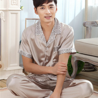 Summer Mens Silk Satin Pajamas Set