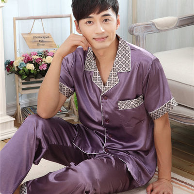 Summer Mens Silk Satin Pajamas Set