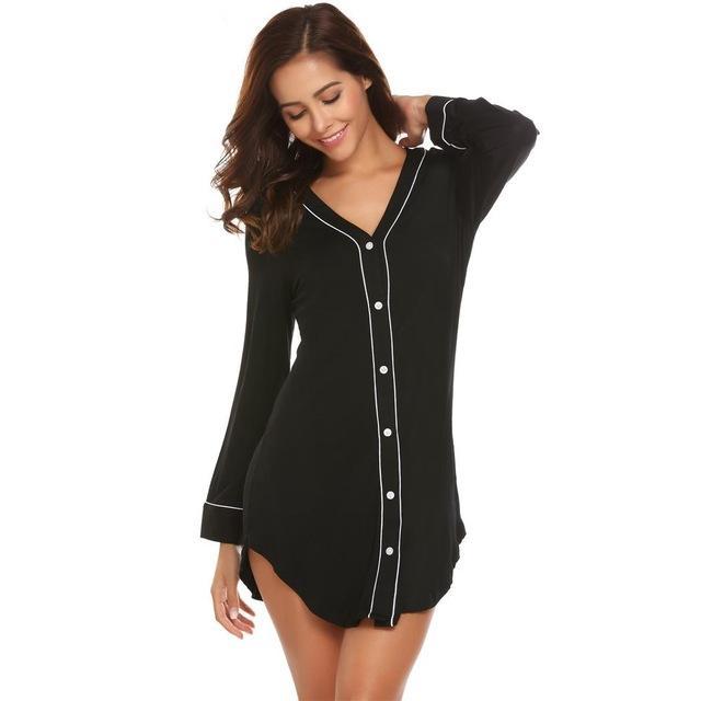 Long Sleeve Solid Contrast Color V-Neck Sleep Shirt Dress