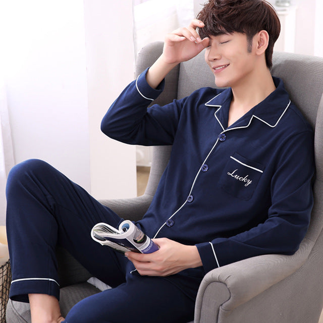 Summer Cotton Long Sleeve O Neck Pajama For Men