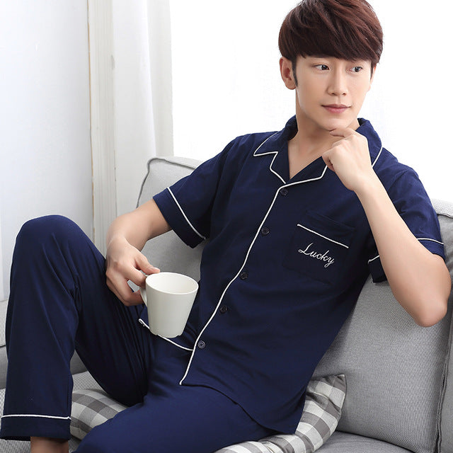 Summer Cotton Long Sleeve O Neck Pajama For Men
