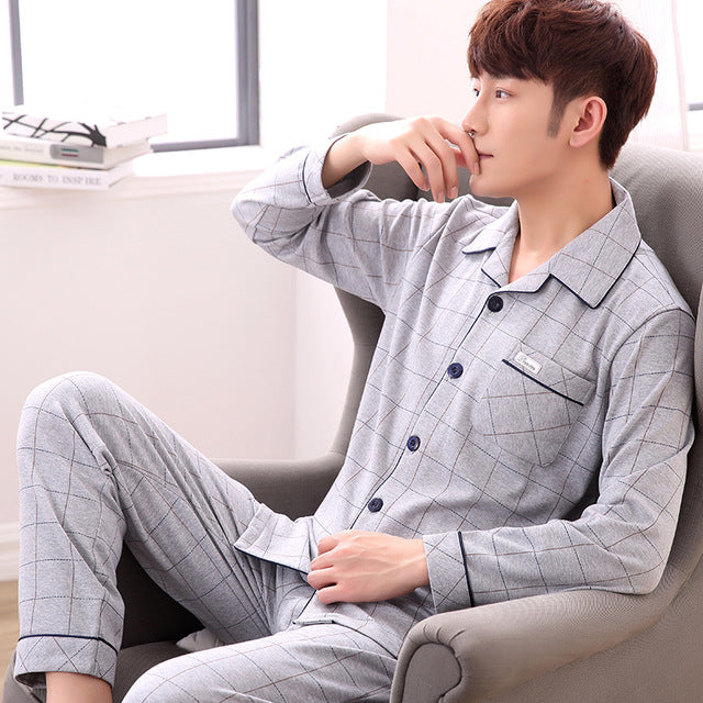 Summer Cotton Long Sleeve O Neck Pajama For Men