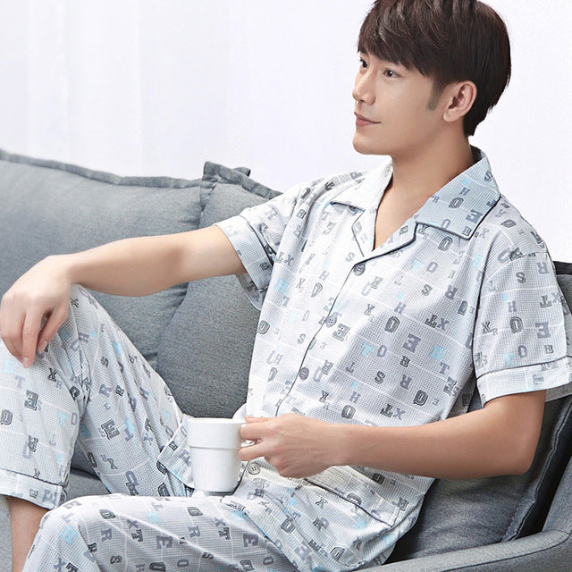 Summer Cotton Long Sleeve O Neck Pajama For Men