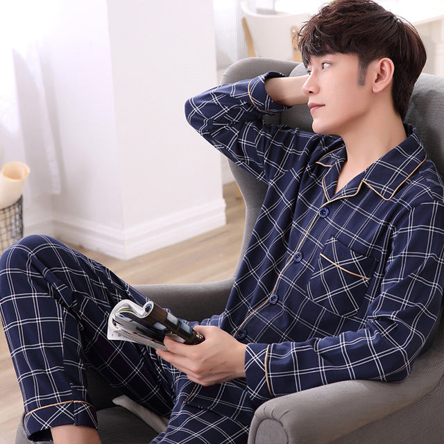 Summer Cotton Long Sleeve O Neck Pajama For Men