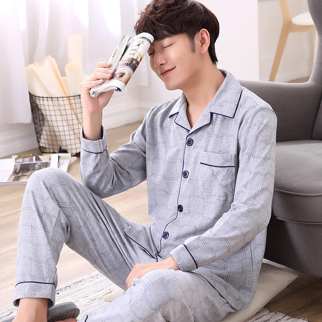 Summer Cotton Long Sleeve O Neck Pajama For Men