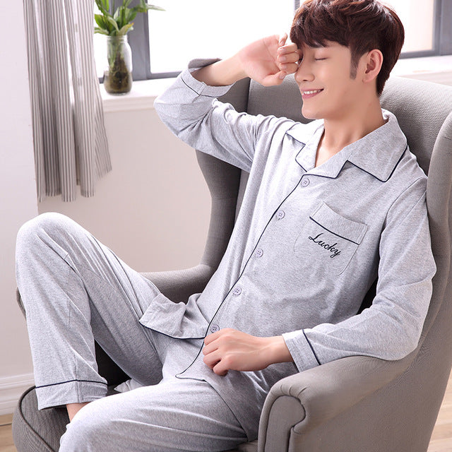 Summer Cotton Long Sleeve O Neck Pajama For Men