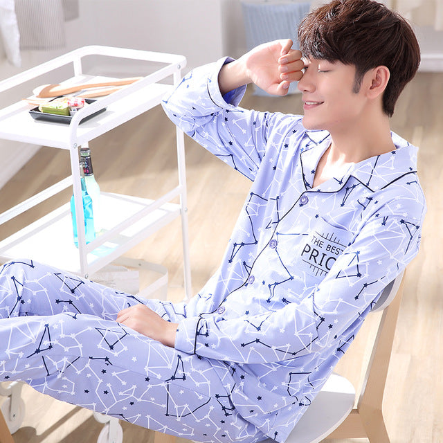 Summer Cotton Long Sleeve O Neck Pajama For Men