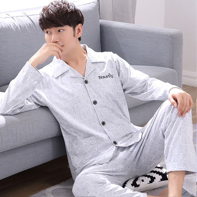 Summer Cotton Long Sleeve O Neck Pajama For Men