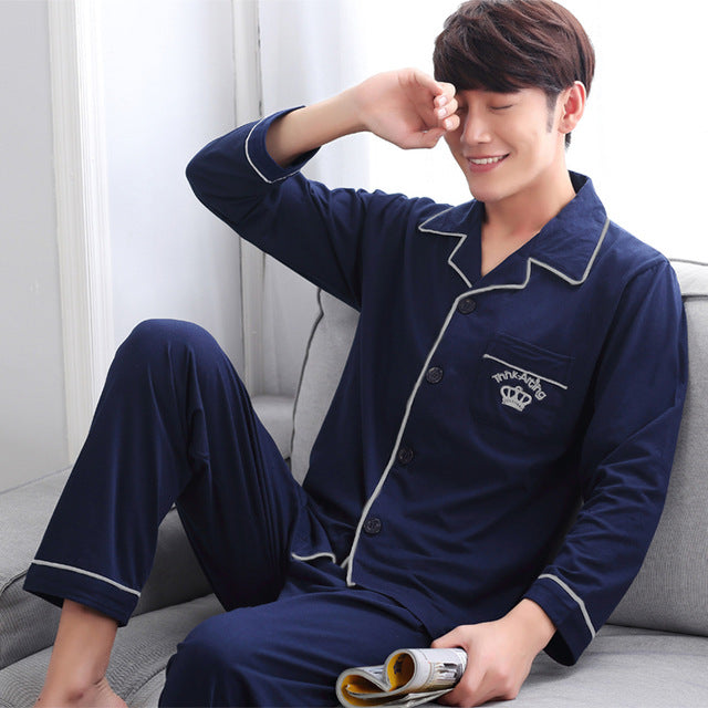 Summer Cotton Long Sleeve O Neck Pajama For Men
