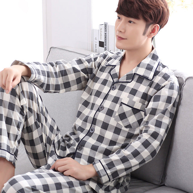 Summer Cotton Long Sleeve O Neck Pajama For Men