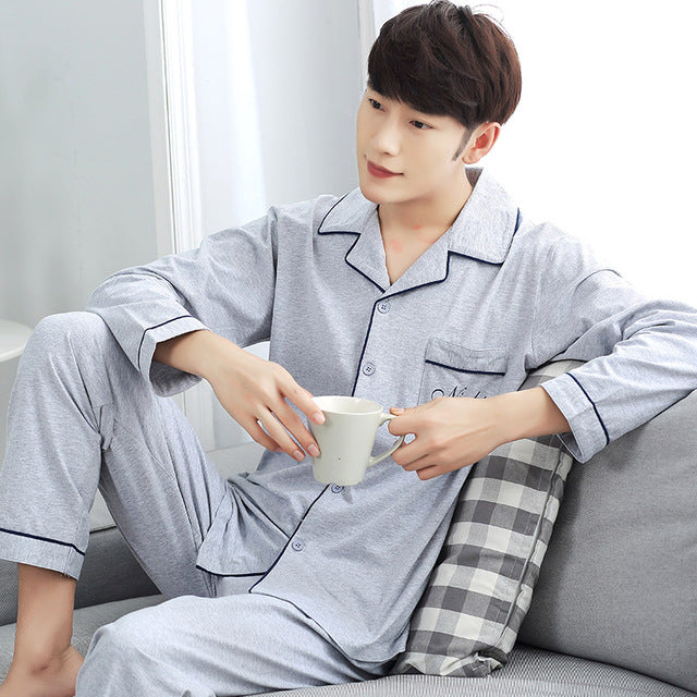 Summer Cotton Long Sleeve O Neck Pajama For Men
