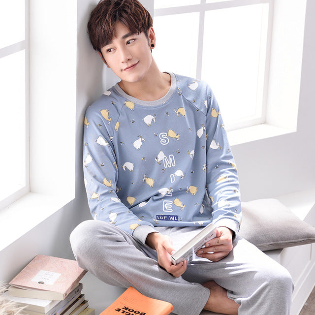 Summer Cotton Long Sleeve O Neck Pajama For Men