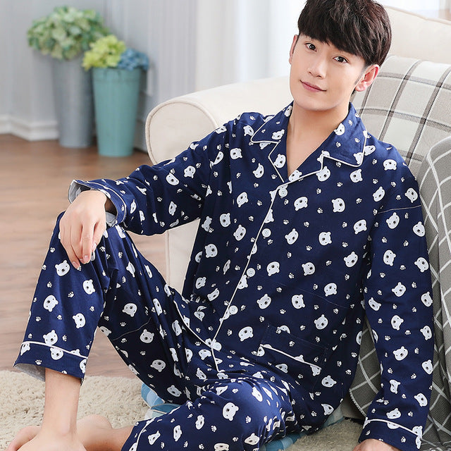 Summer Cotton Long Sleeve O Neck Pajama For Men