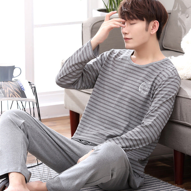 Summer Cotton Long Sleeve O Neck Pajama For Men