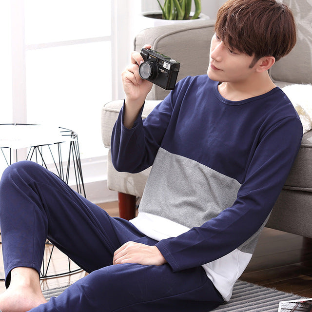 Summer Cotton Long Sleeve O Neck Pajama For Men